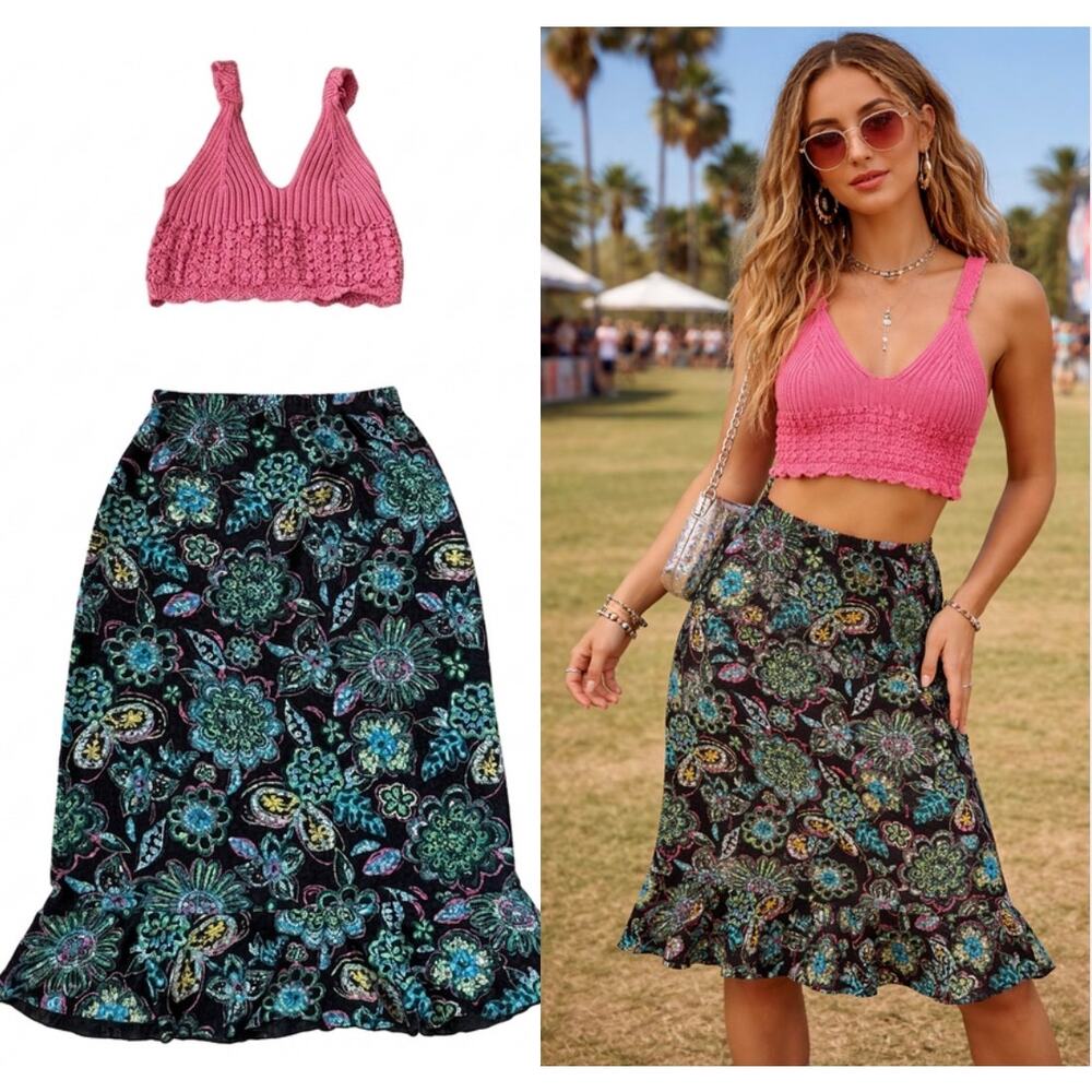 Y2K Festival Vibe Pink Knit Lace Up Top & Floral Midi Skirt Set Medium Large